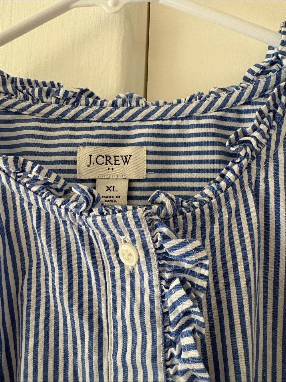 J. Crew Blue and White Striped Ruffle-Trim Blouse - Picture 2 of 5
